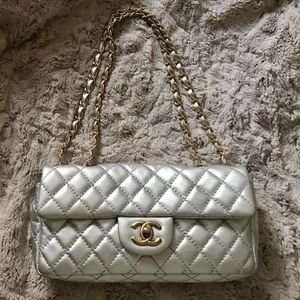 Authentic Chanel Classic Single Flap Quilted Metallic Silver Lambskin Hand Bag
